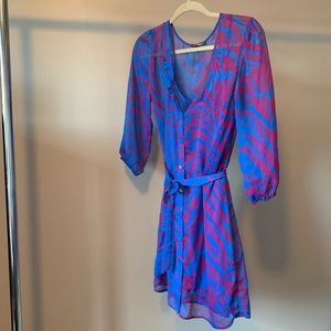 Blue and purple patterned button up dress